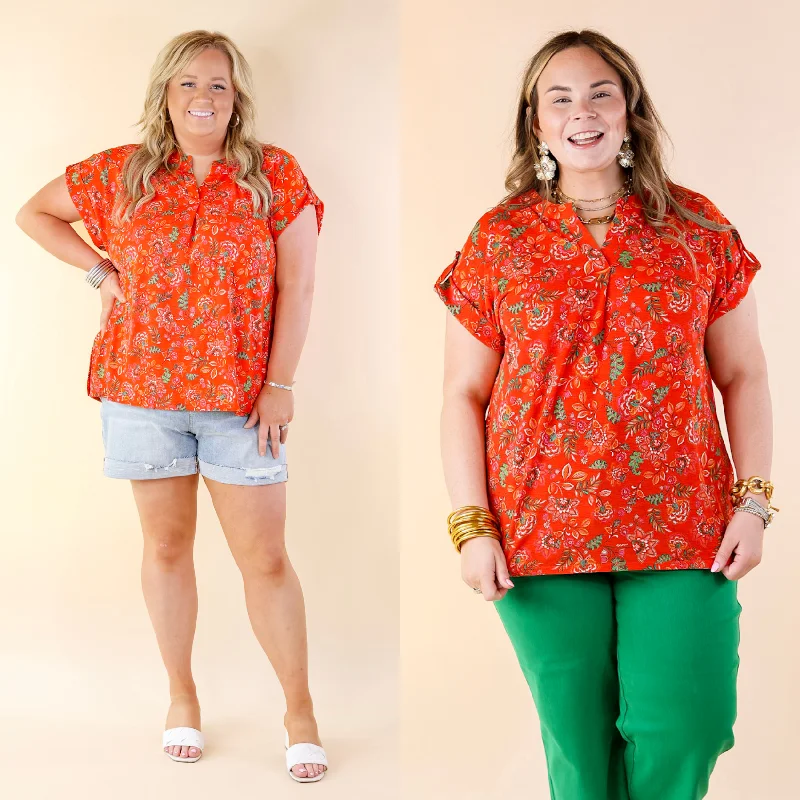 Downtown Darling Floral Print Short Sleeve Tunic Top in Red Mix