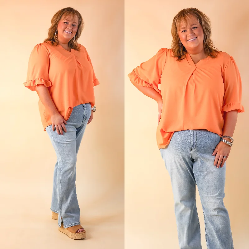 Radiant Ways Ruffle Short Sleeve Top with V Neckline in Orange