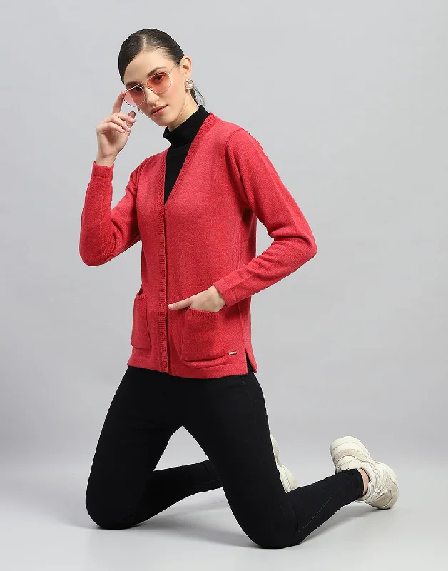 Women Red Solid V Neck Full Sleeve Cardigan